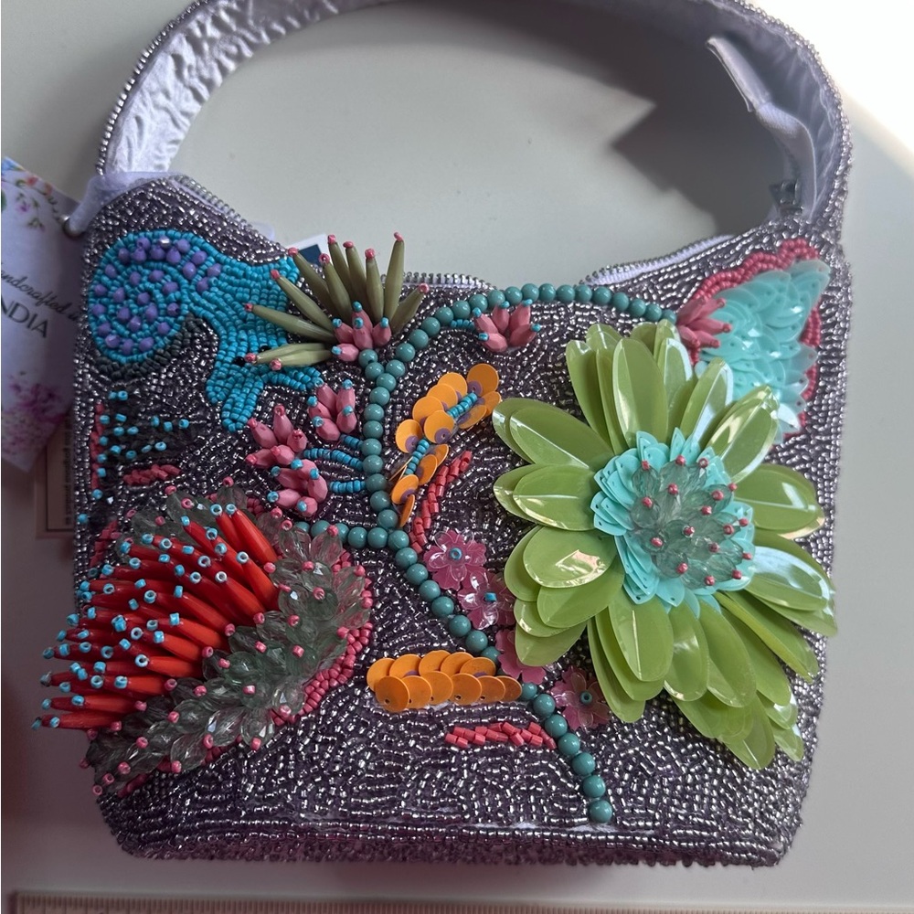 Beaded Bag with Green Floral Accent